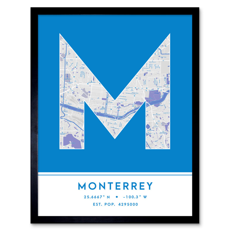 Monterrey City Map Monterrey Blue by Wee Blue Coo - Single Picture Frame Typography