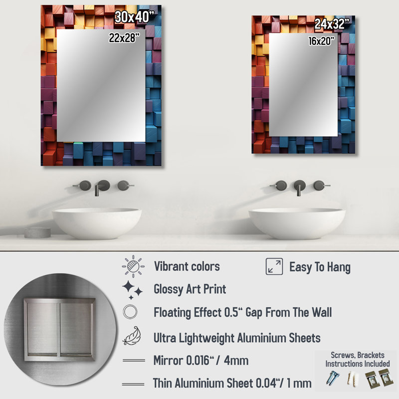 Rainbow Cubic Wood Spectrum - grand miroir de formes abstraites, miroir mural décoratif moderne, impression d'art en métal