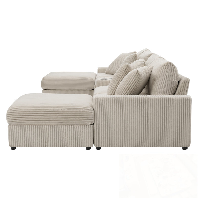Canapé modulaire en velours côtelé avec haut-parleurs Bluetooth, chargeur USB et porte-gobelets, Crème