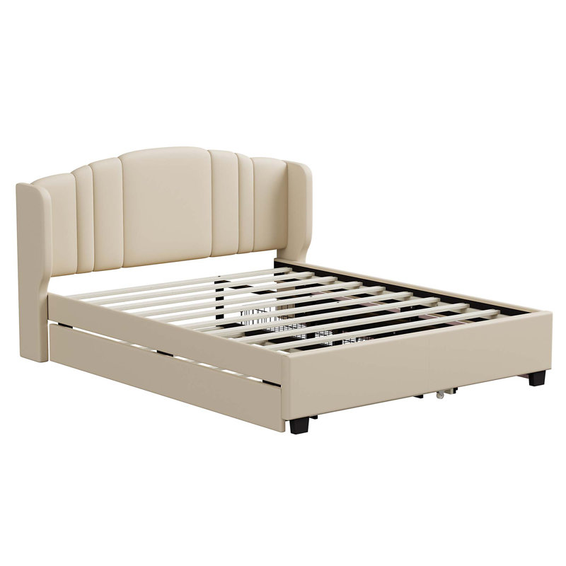 Lit plateforme tapissier avec tête de lit à oreilles, un lit gigogne simple et 2 tiroirs, aucun sommier nécessaire, tissu en lin, grand
