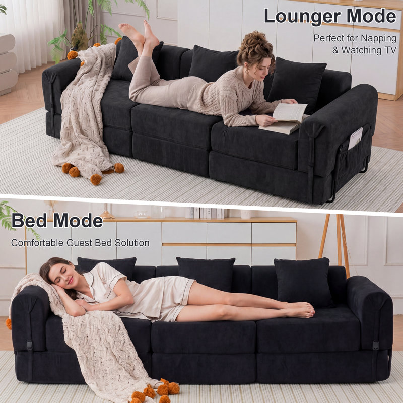 Boneless 3-seater Convertible Folding Sofa Bed With Storage Pocket & Modular Design, Black Polyester Blend
