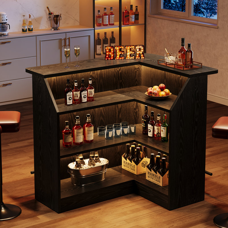 Table de bar en L, unité de bar à 4 niveaux avec repose-pieds en métal, Black