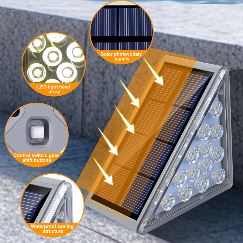 Éclairage de marche triangulaire à DEL à énergie solaire, éclairage d'escalier extérieur imperméable IP65, blanc chaud, ensemble de 4 pour escaliers, terrasse, patio et cour