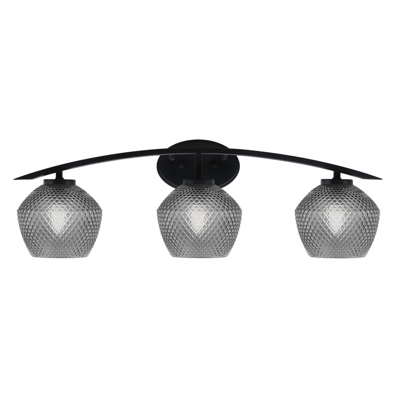 Barre d'éclairage de salle de bain 3 lumières avec verre texturé 6 po Kurve, Fumée, Noir mat