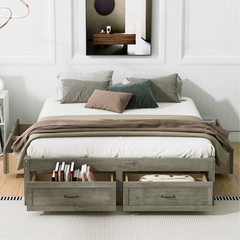 Grand lit plateforme avec 6 tiroirs de rangement, gris antique, Gris antique, Grand lit