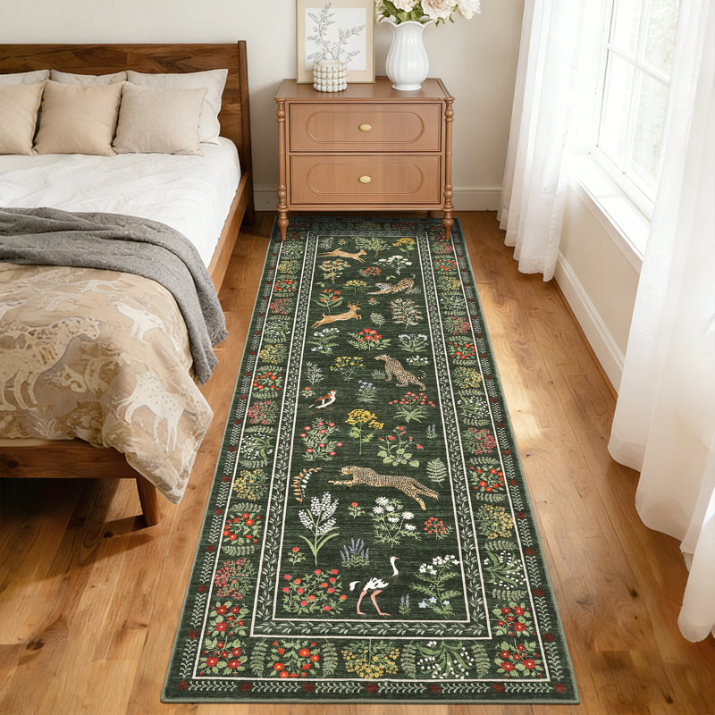 Washable Runner Rug 2x6 Floral Hallway Runner Farmhouse Botanical Animal Rug with Non Slip Backing, Low Pile Non Shedding Foldable Mat, Soft Thin Carpet for Kitchen Laundry, Green