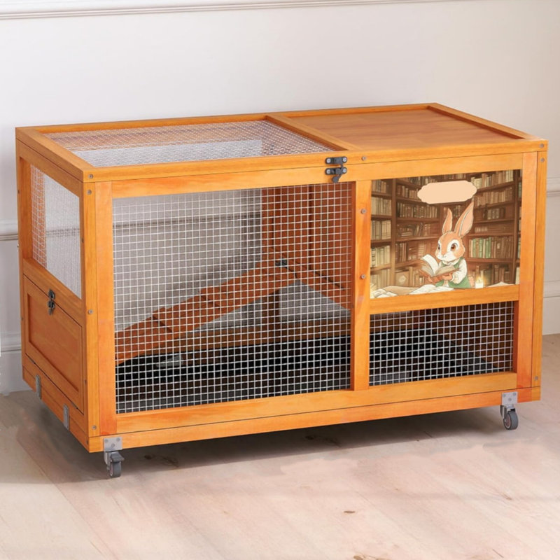 Cage à lapin imperméable 35,4 pouces à deux niveaux, cage pour petits animaux, structure en bois massif, grille respirante en grillage galvanisé, avec roulettes, orange