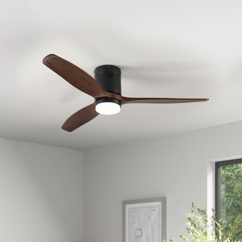 52 Inch Ceiling Fan And Remote Control, Noiseless DC Motor, Dimmable LED, Flush Mount Low Profile Ceiling Fan With 3 Walnut Blade