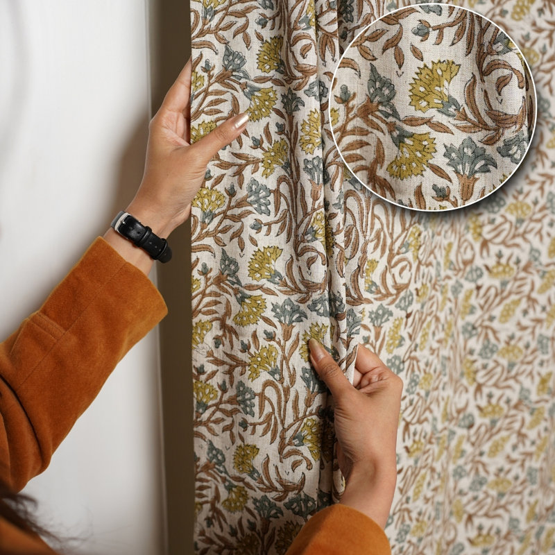 Rideau en lin de couleur jaune, brun et imprimé d'une élégance intemporelle pour votre maison , L 54 po x L 57 po