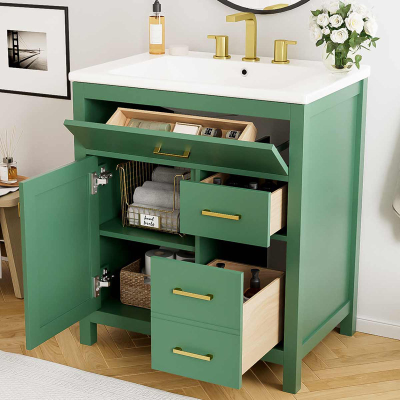 Meuble-lavabo de 30 pouces avec lavabo en céramique et beaucoup de rangement, Vert
