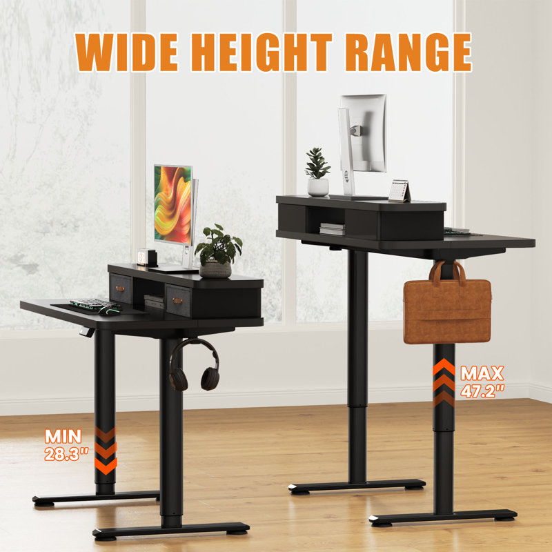 Bureau de jeu debout à hauteur ajustable avec deux tiroirs, Noir, noir, noir, noir, L 47 po x P 23,6 po