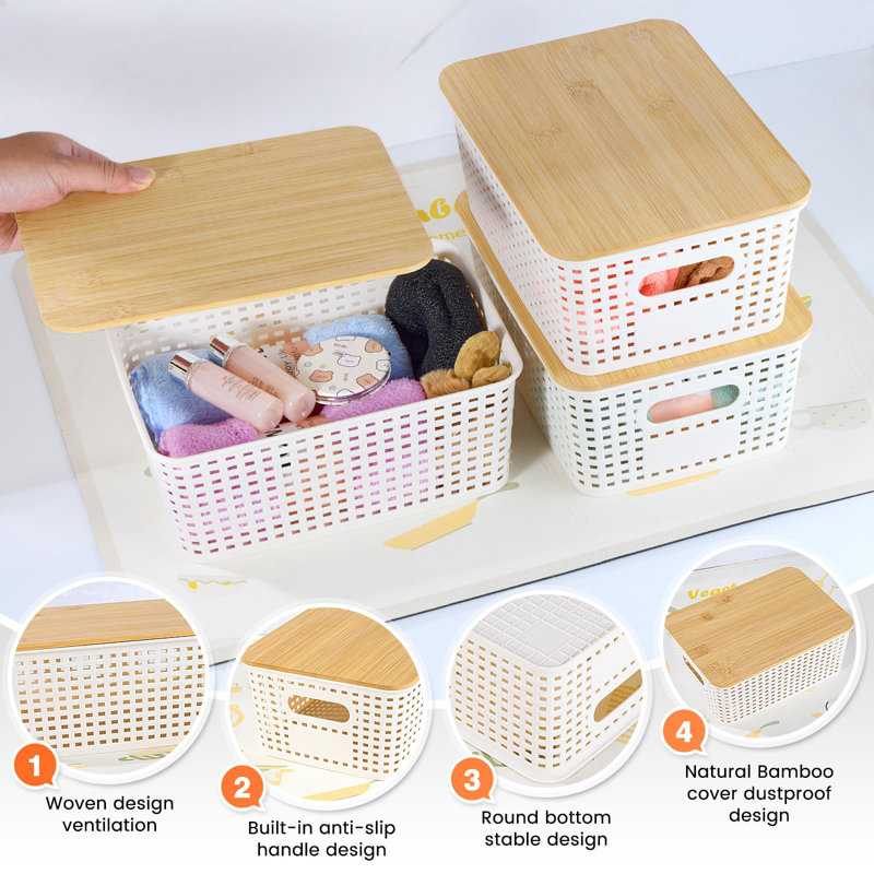 Paniers de rangement en plastique avec couvercle en bambou - Contenants de rangement en plastique Bacs de rangement empilables: Paniers de rangement pour étagères de rangement