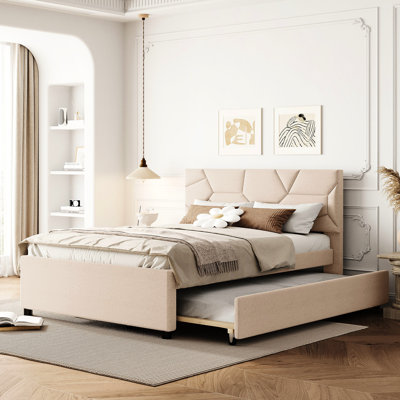 Lit plateforme tapissier beige en lin avec tête de lit à motif brique et gigogne gigogne extensible