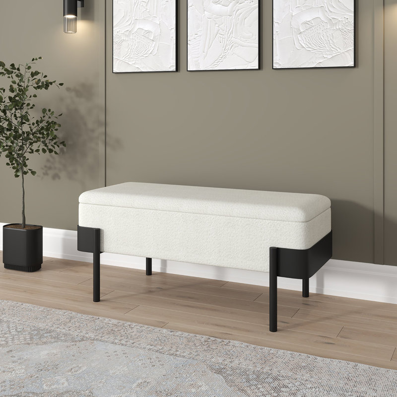 Mid-Century Modern Boucle Fabric & Metal Storage Bench - Ivory & Black