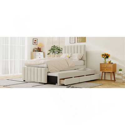 Twin Size Upholstered Platform Bed With Trundle And 3 Drawers, Linen Fabric