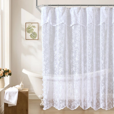 Charlton Home® Gancedo Lace Shower Curtain for Bathroom with Floral Vine Design and Attached Valance ? Elegant Victorian Classic Style (72 Inch)