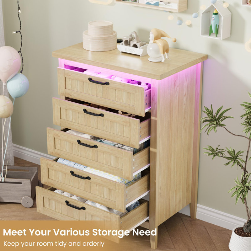 Tall 5-Drawer Dresser with LED Light & Charging Station – Modern Wooden Chest Organizer for Bedroom Storage (Natural Wood)