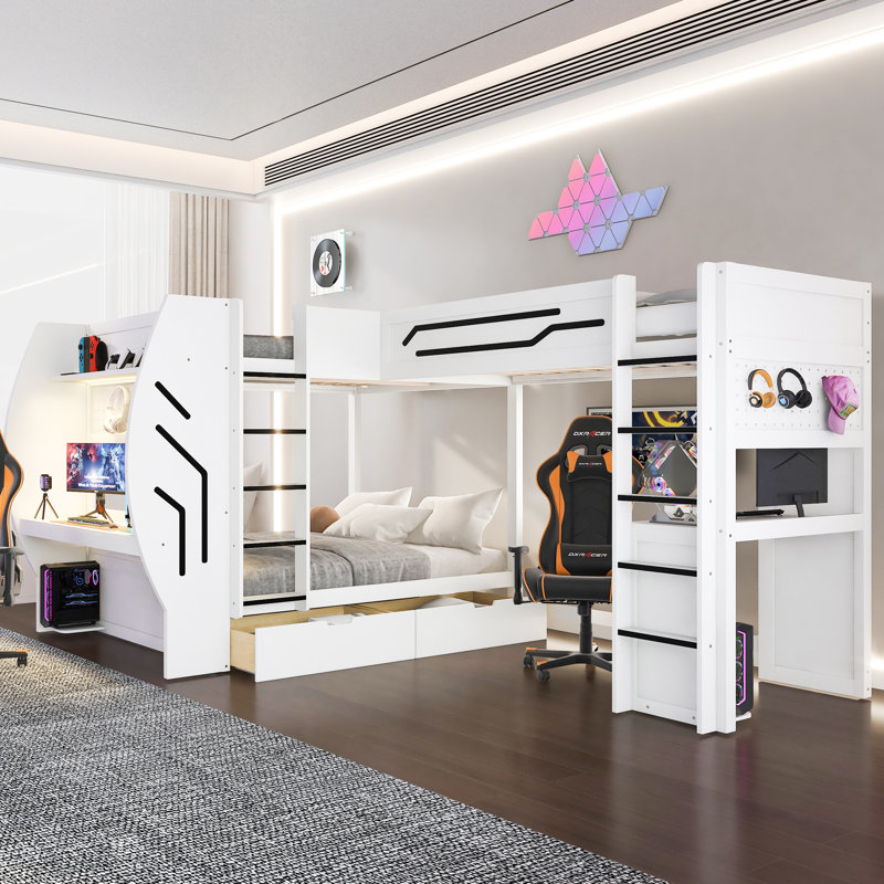 Lit superposé de jeu en L 3 en 1, double et double, bureaux intégrés, station de charge, échelles, tiroirs, panneau perforé, lumière DEL, blanc