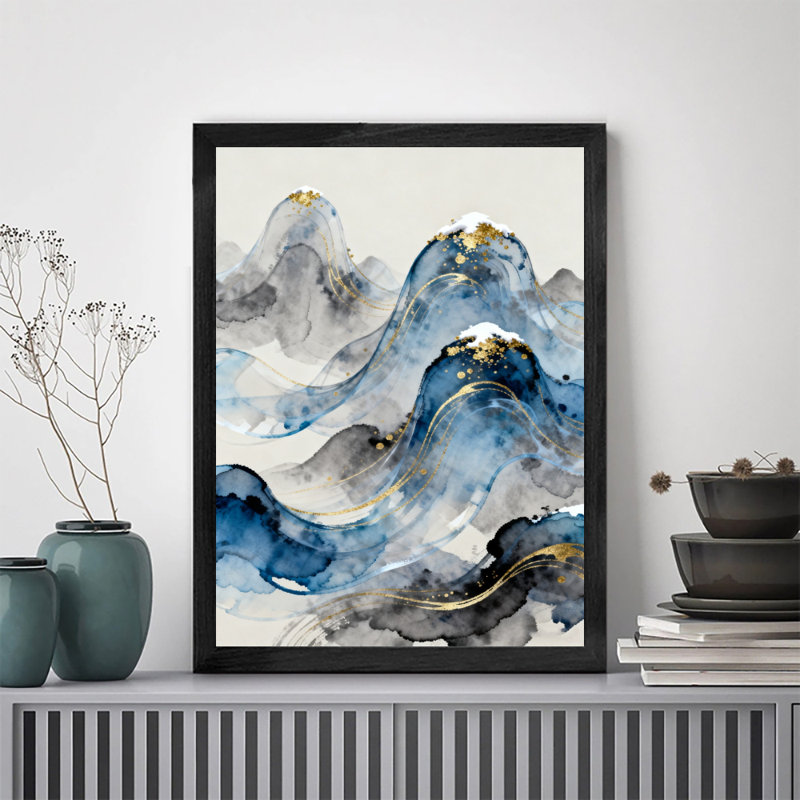 Peinture à l'encre noire encadrée noire est comme des montagnes en cascade, H 37 po x l 25 po