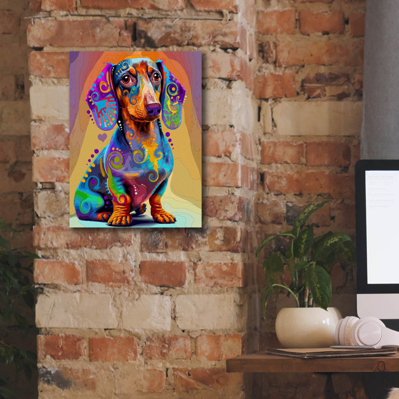 «The évident Doxie» par Dean Russo, art mural sur toile, H 16 po x l 12 po x P 0,75 po