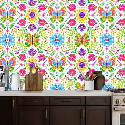 Mexican Style Bright Pink Green Butterflies Peel and Stick Wallpaper Removable Self-Adhesive Wall Covering Waterproof Accent Wallpaper Roll for Kids Bedroom Living Room Kitchen 17.5" x 118"