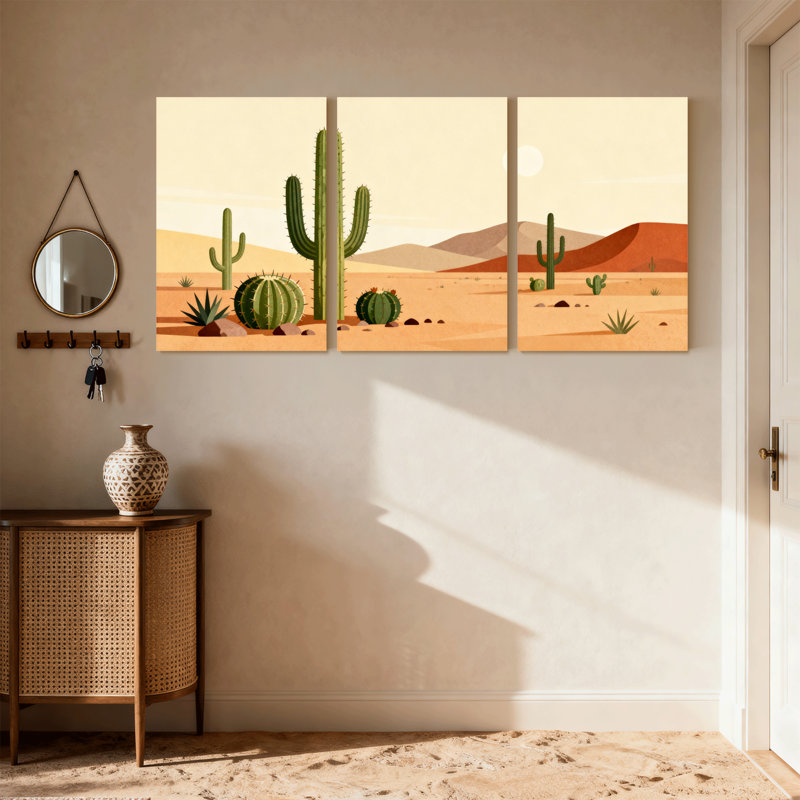 Paysage et nature, paysage désertique avec cactus et montagnes, ensemble de 3 impressions sur toile, H 18 po x l 36 po