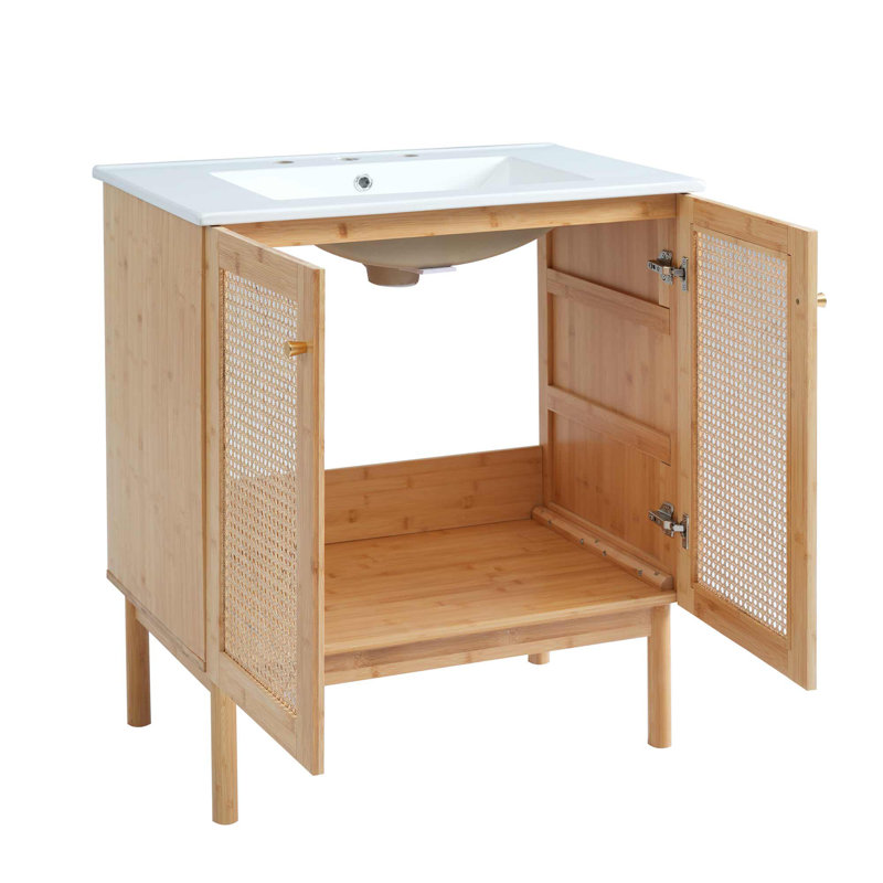 Meuble-lavabo de 30 pouces avec lavabo en céramique, armoire avec portes en rotin et mécanismes de fermeture en douceur