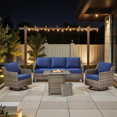 4 Pieces Patio Furniture Set With Fire Pit Table, Wicker Patio Conversation Set With Swivel Rocking Chairs, Outdoor Patio Set For Lawn Backyard Porch