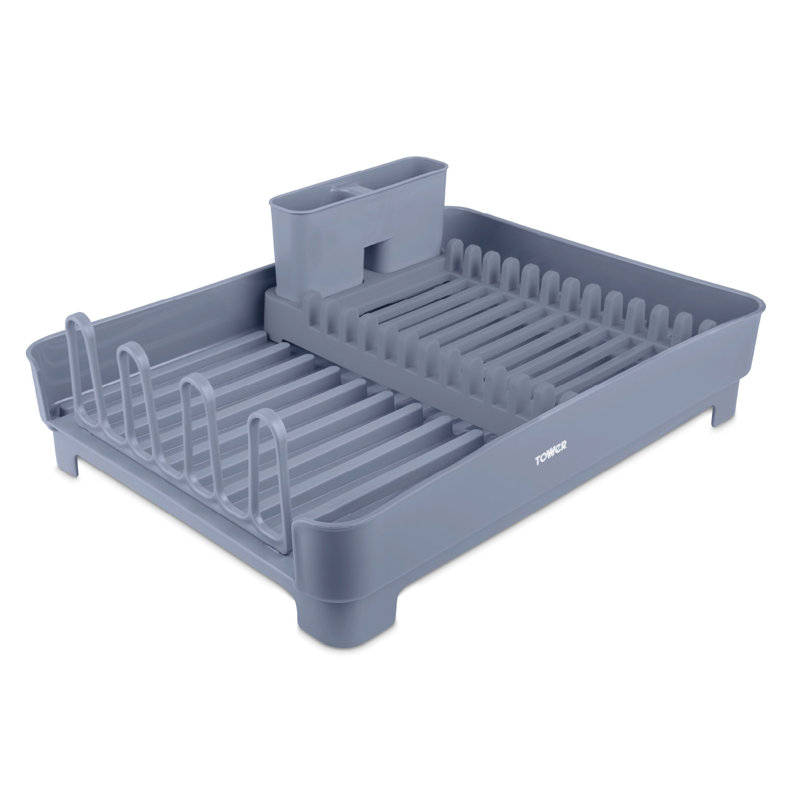 Tower T814003GRY Plastic Dish Rack with Removable Cutlery Holder, Glass Holders & Drainage Spout, Grey