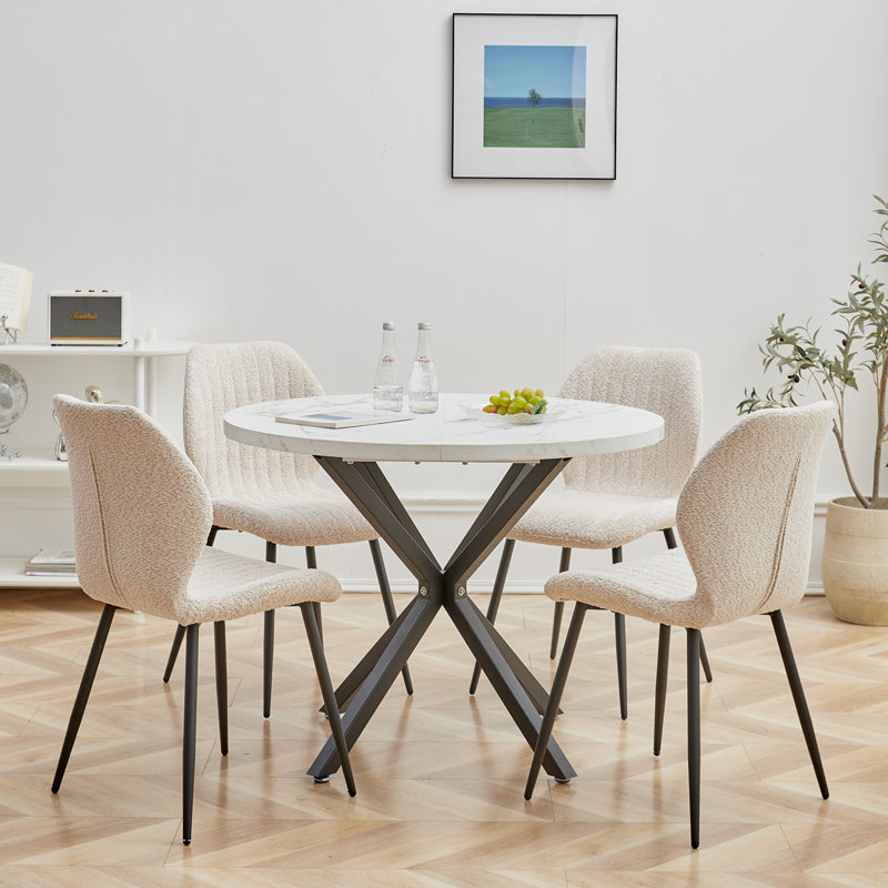 50cm Linen Fabric Upholstered Dining Chair, Vertical Stitched Kitchen Chair with Black Metal Legs, Beige