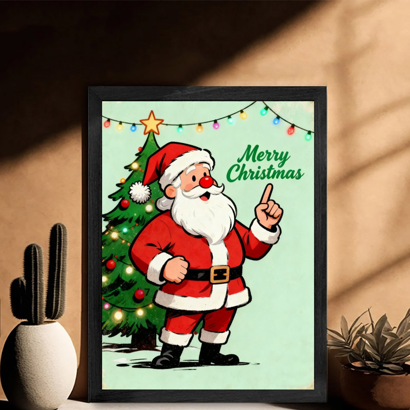 «Merry Christmas» rétro encadré noir, dessin de père Noël, art mural de style rétro, H 25 po x l 17 po