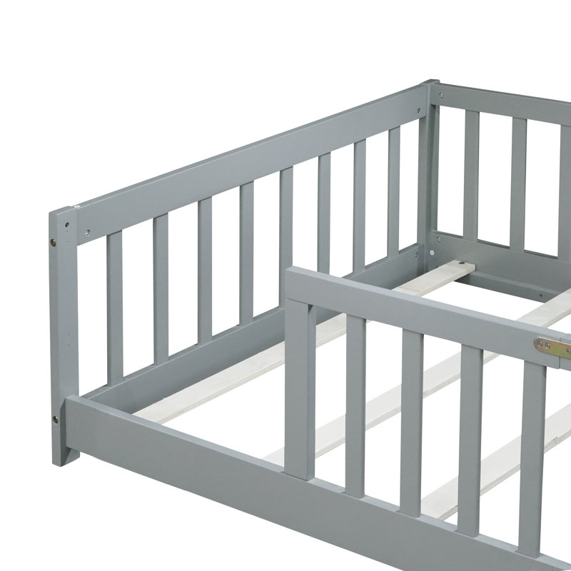 Kolia Twin Kids Rubberwood Floor Platforms Bed With Fence, Gray