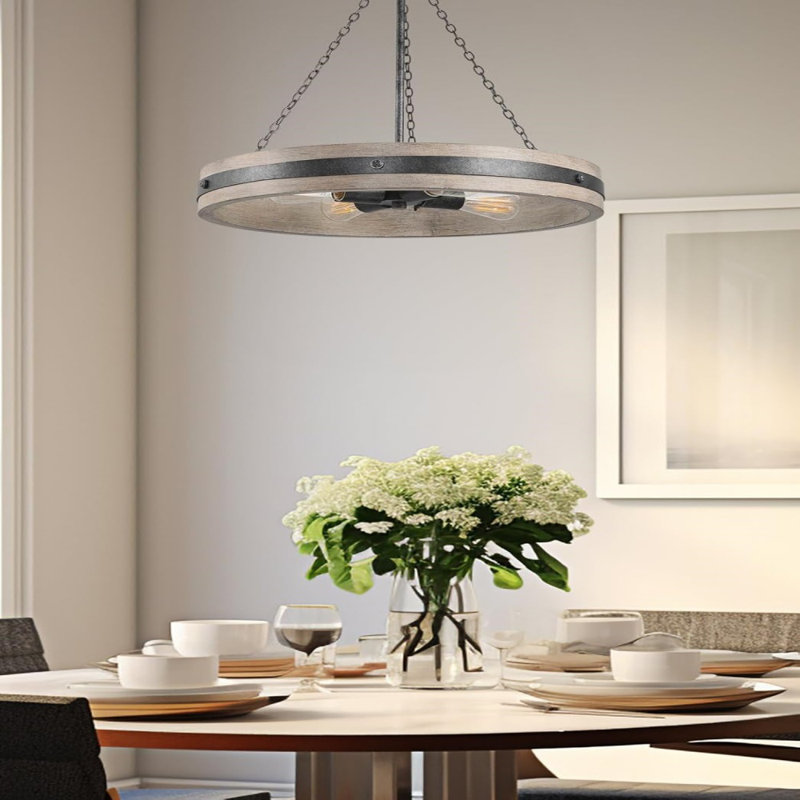 22" 4-Light Farmhouse Pendant Light + Wood Finish Metal Ring, Gray Ash Wood Finish + Old Iron Finish