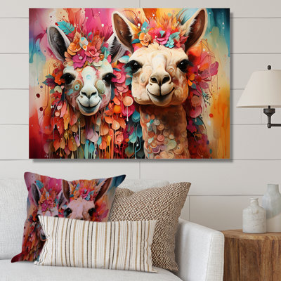 Portrait floral coloré d'alpagas moelleux - Alpaca, art mural