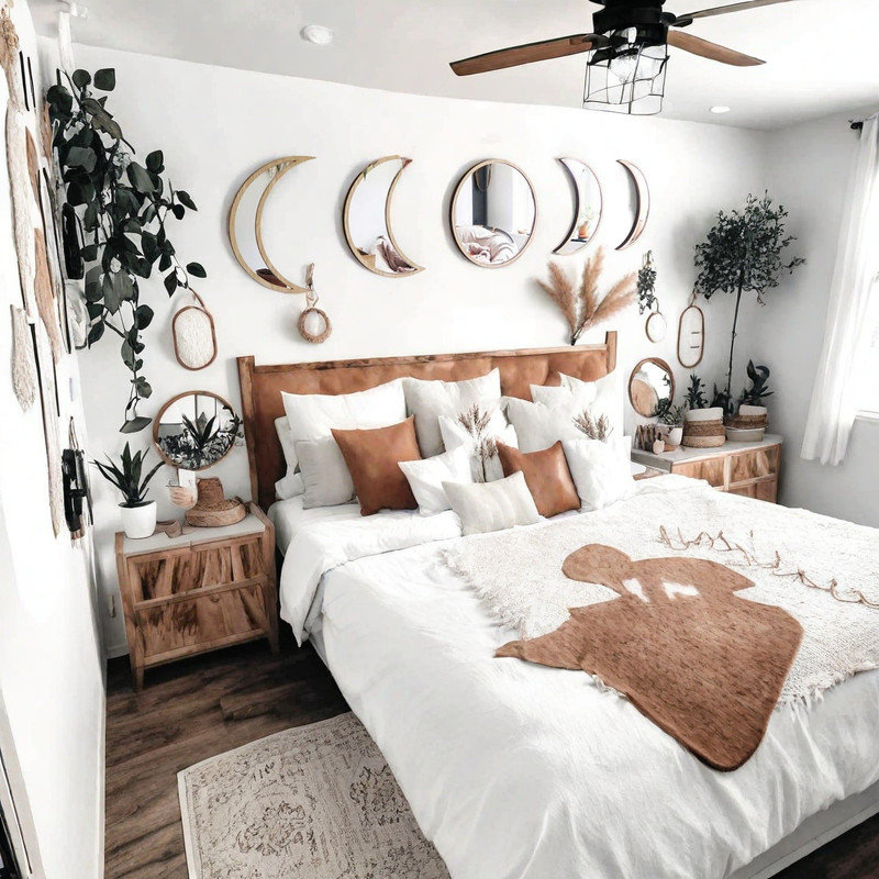 5 Pieces Wooden Moon Phase Mirror Bohemian Wall Decoration f-Not Real Mirror, Beige