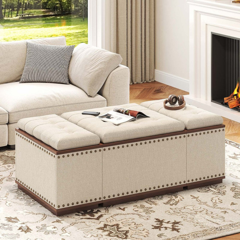  Table basse beige avec tabourets de rangement gigognes (ensemble de 3), ensemble de table de cocktail repose-pieds pour le salon, L 47,2 po x l 23,6 po x H 17,7 po