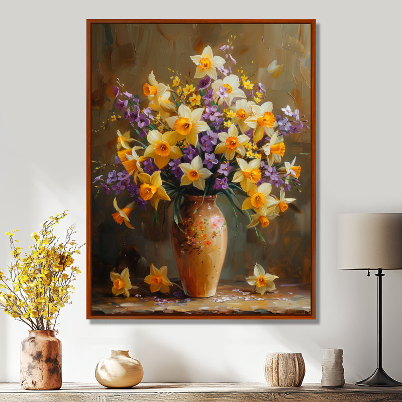 Jaune jonquille mauve délice jonquilles - jonquilles murales, Cadre flottant brun, H 16 po x l 32 po