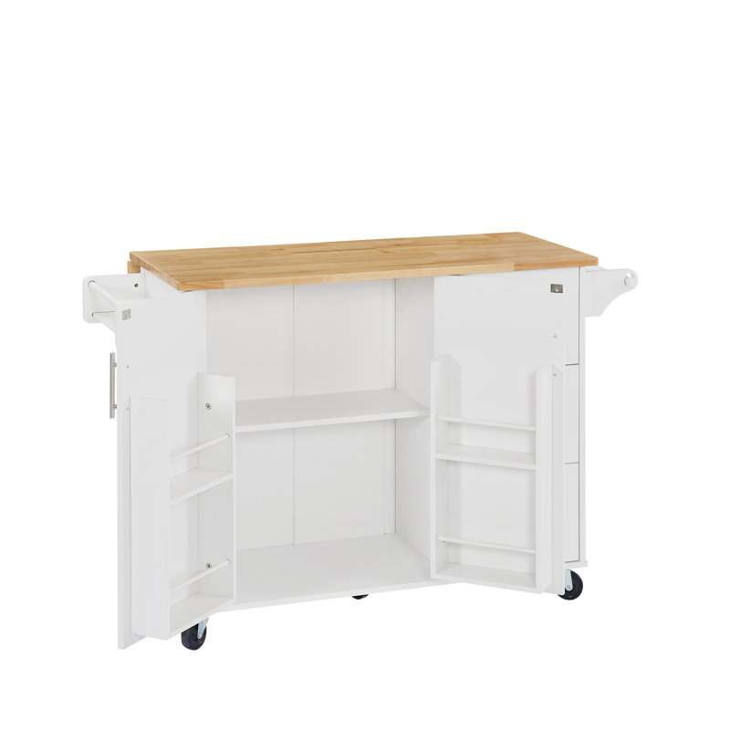 White Barn Door Rolling Kitchen Island - Drop-leaf, Storage Cabinet, Towel Rack | Space-saving