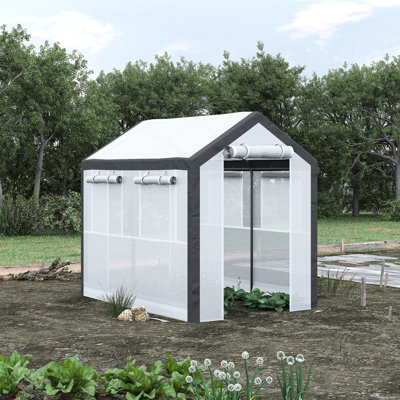 Grande serre extérieure 8 pi x 6 pi x 7,5 pi avec 6 fenêtres, 2 portes à fermeture à glissière et housse de protection contre les intempéries, tente de jardinage blanche