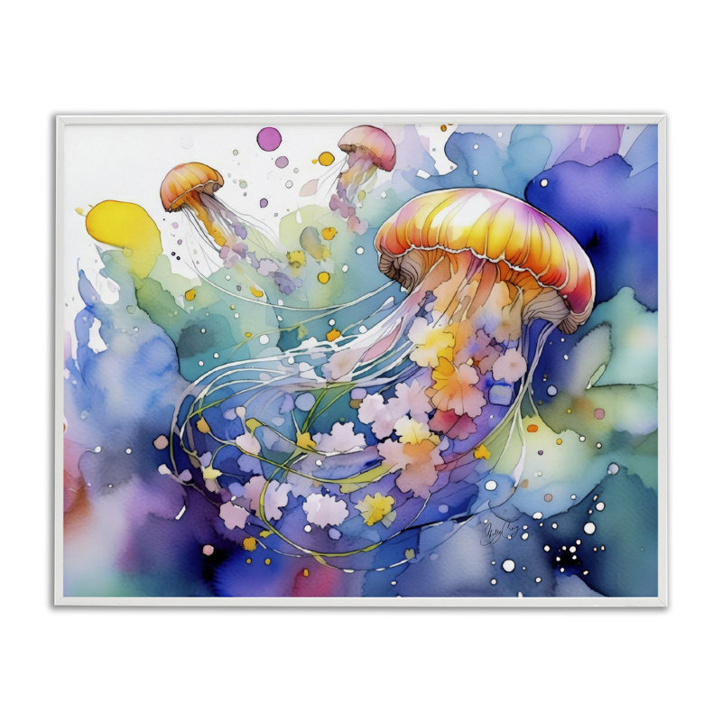 Estampe numérique méduse néon sous-marine, design par Shelly Craig, Encadrement giclée blanc côtier, H 16 po x l 20 po