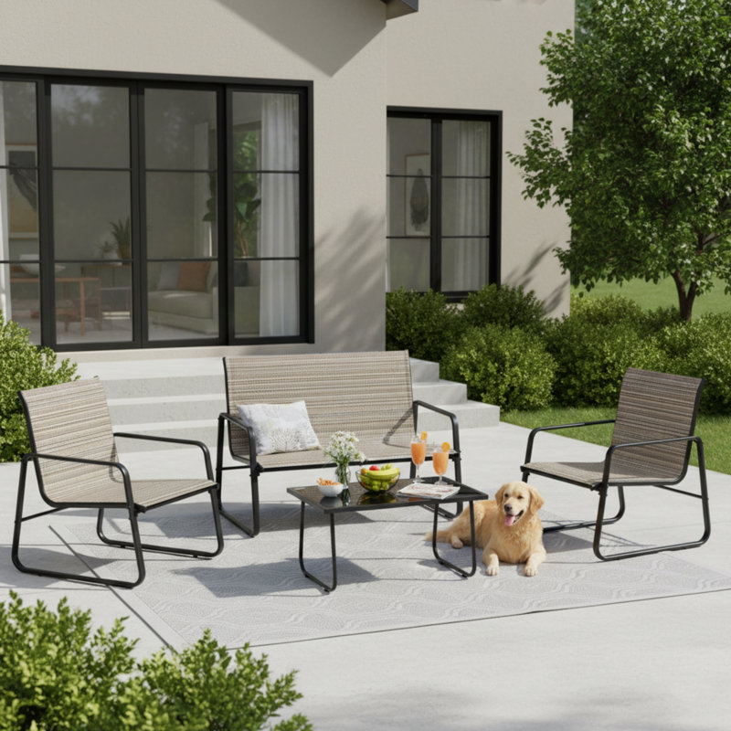 4-Piece PVC-coated polyester Outdoor Patio Sofa Set With Adjustable Feet, Metal Frame & Black Tempered Glass Coffee Table