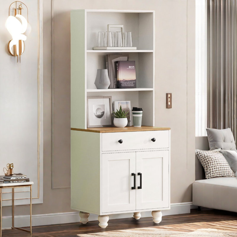 Armoire de rangement Farmhouse avec 4 pieds en forme de gourde, 1 tiroir, 1 armoire et des tablettes ouvertes, Noyer/blanc