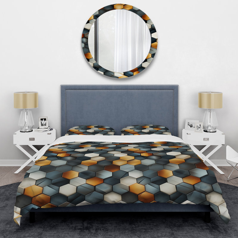 Ensemble de housse de couette orange et gris Hexagons Angularity, Housse de couette pour très grand lit et 2 très