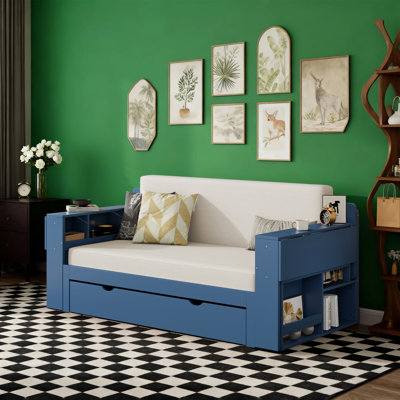 4 in 1 Full Size Convertible Daybed with Hydraulic Side Table, Removable Desk & Drawers