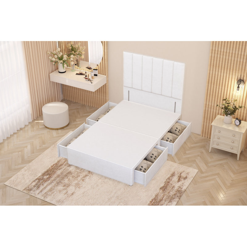 Asterin Divan Bed Base with 54" Floor Standing Headboard Plush Velvet, Small Double (4'), White, 4 Drawers