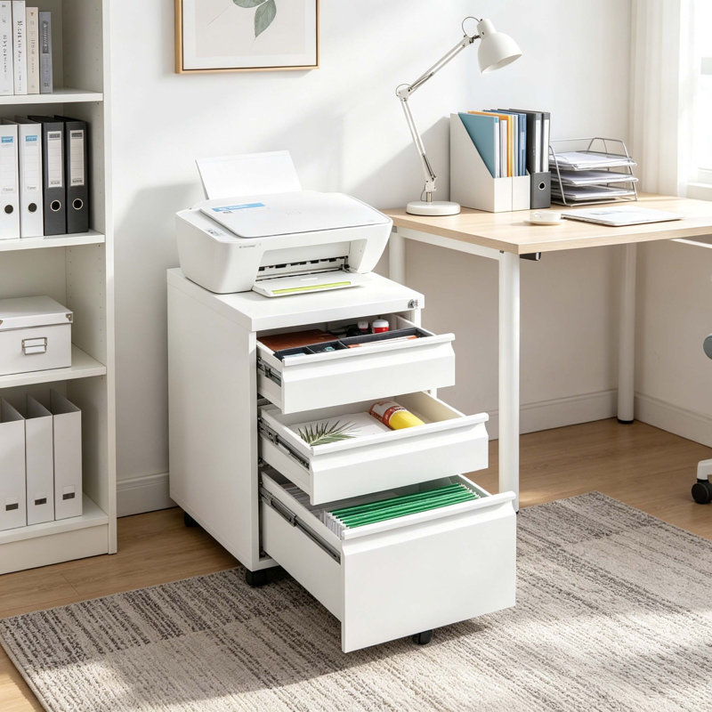 Lockable 3-Drawer Rolling Metal File Cabinet, Mobile Under-Desk Office Storage Cabinet with Full Extension Slides, Built-in Pen Tray & Hanging File Rail for Home & Commercial Office