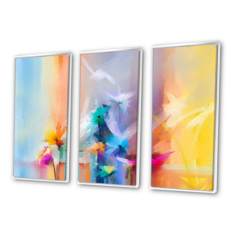 «Painted Pastel Flowers in Yellow Red and Blue II», ensemble de 3 reproductions sur toile flottantes, H 28 po x l 36 po