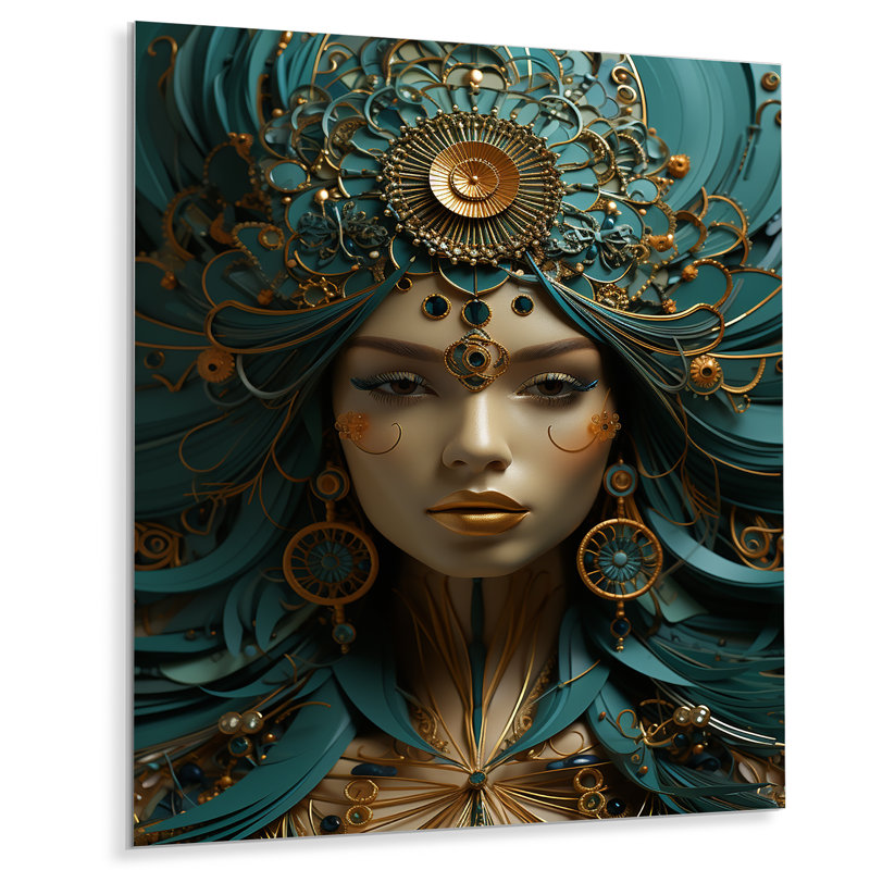 Or et émeraude femme déesse beauté - femme déesse art mural en métal, H 40 po x l 30 po x P 1,5 po