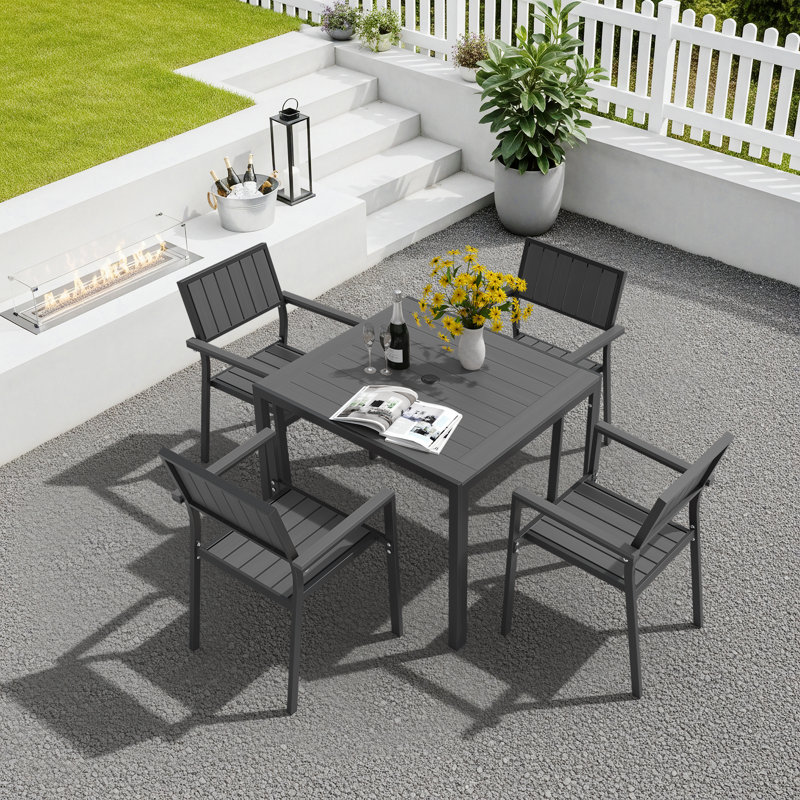 Chamblee Nika Outdoor PS Aluminum Alloy Square Table 5-Piece Dining Set, Suitable For Patio Gatherings, Gray