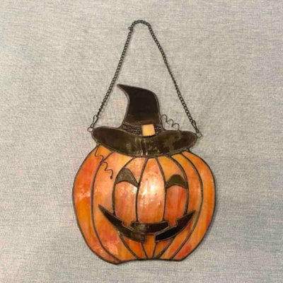 W10106 Carved Pumpkin With Witch Hat Tiffany Style Stained Glass Window Panel For Home Décor
